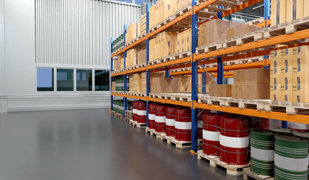 Factory warehouse. Factory storage area with shelving. Manufactory warehouse with barrels and boxes. Logistics center industrial company. Factory storage area in hangar. Industrial building. 3d image