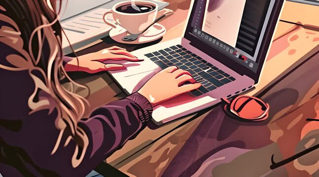 Animated footage of a girl who is working on a laptop in a coffee shop with a coffee