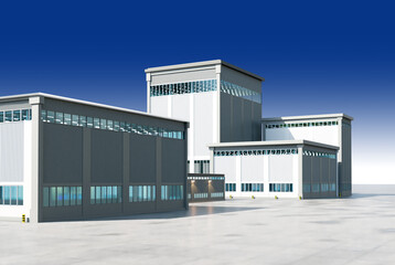 Industrial hangars. Warehouse buildings under blue sky. Several hangars with concrete parking. Industrial buildings in minimalist style. Hangars for placing factory. Industrial architecture. 3d image