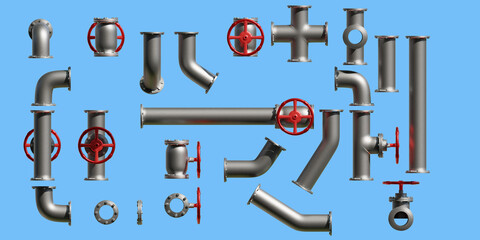 Fototapeta premium Fragments of pipes with valves. Sewage pipes in disassembled condition. Fragments of pipeline on blue background. Pipes with valves are insulated. Elements for creating pipeline. 3d image