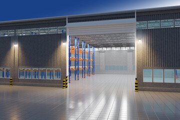 Warehouse with empty shelves. Storage hangar with gates. Industrial warehouse exterior view. Storage building in evening. Multi-tiered racks in distribution center. Warehouse infrastructure. 3d image