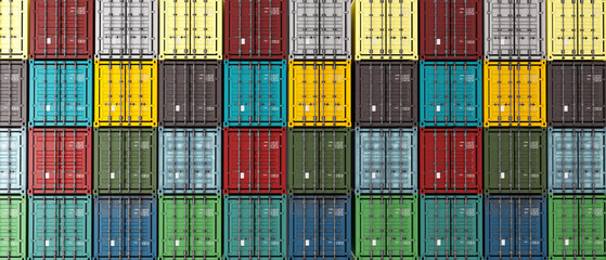 Shipping containers of different colors. Wall made of cargo tare. Warehouse of closed sea containers. Metal tare for transporting cargo on ship. Background from sea containers. 3d image