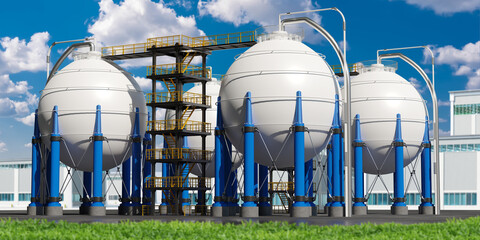 Chemical factory. Tanks with cryogenic liquid near manufactory. Chemical plant on summer day....