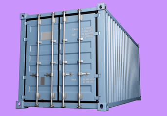 Transport container. Blue tare for transporting goods by ocean. Cargo container isolated on pink. Closed container with capacity data. Visualization packaging for cargo companies. 3d image