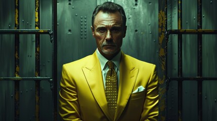 Imposing man in a sharp yellow suit and patterned tie stands solemnly behind prison bars - obrazy, fototapety, plakaty