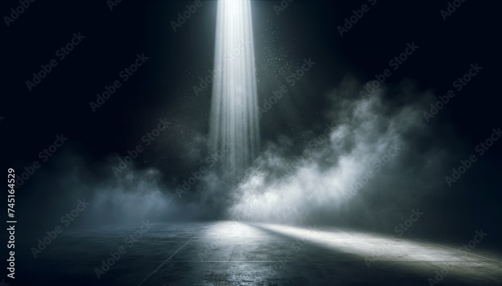 Poster dense smoke illuminated by a single shaft of light in a dark space. isolation and drama concept. gen
