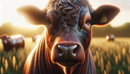 Closeup of a detailed cow portrait with a warm sunset and field background. Livestock and agriculture concept. Generative AI - Powered by Adobe