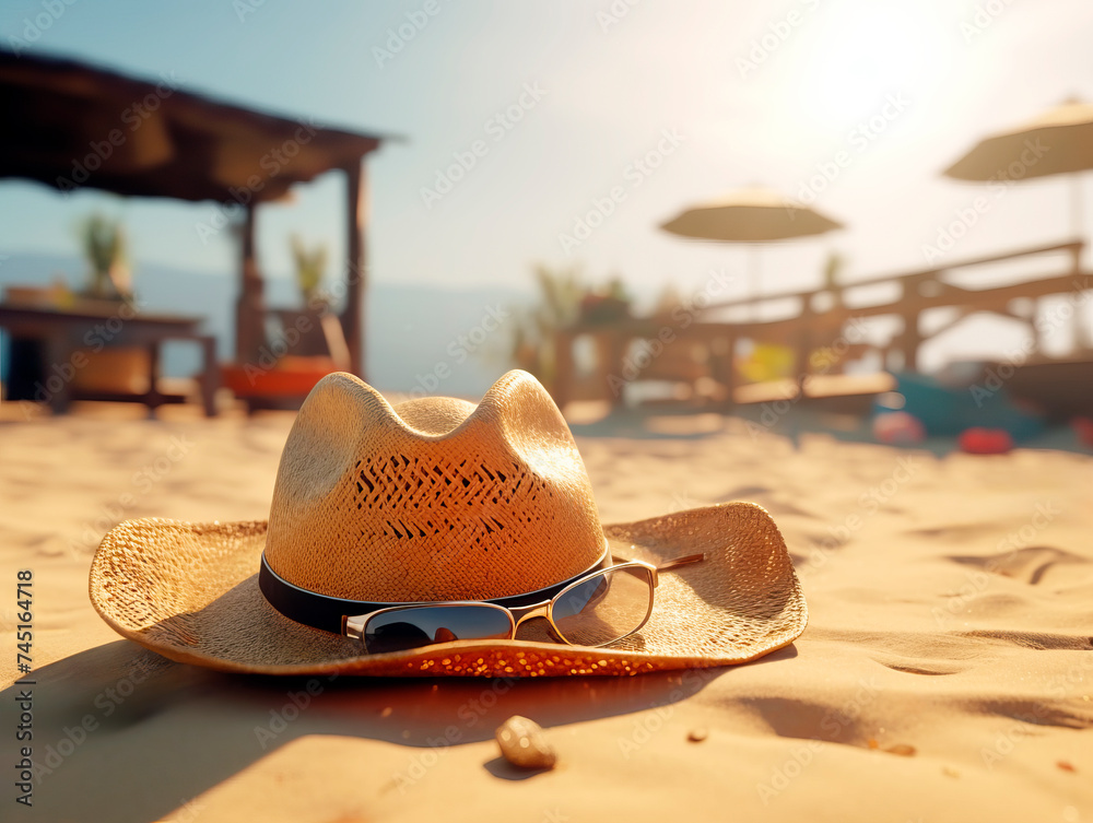 Poster a straw hat and sunglasses resting on the sunny beach with the sea in the background. ai generative 