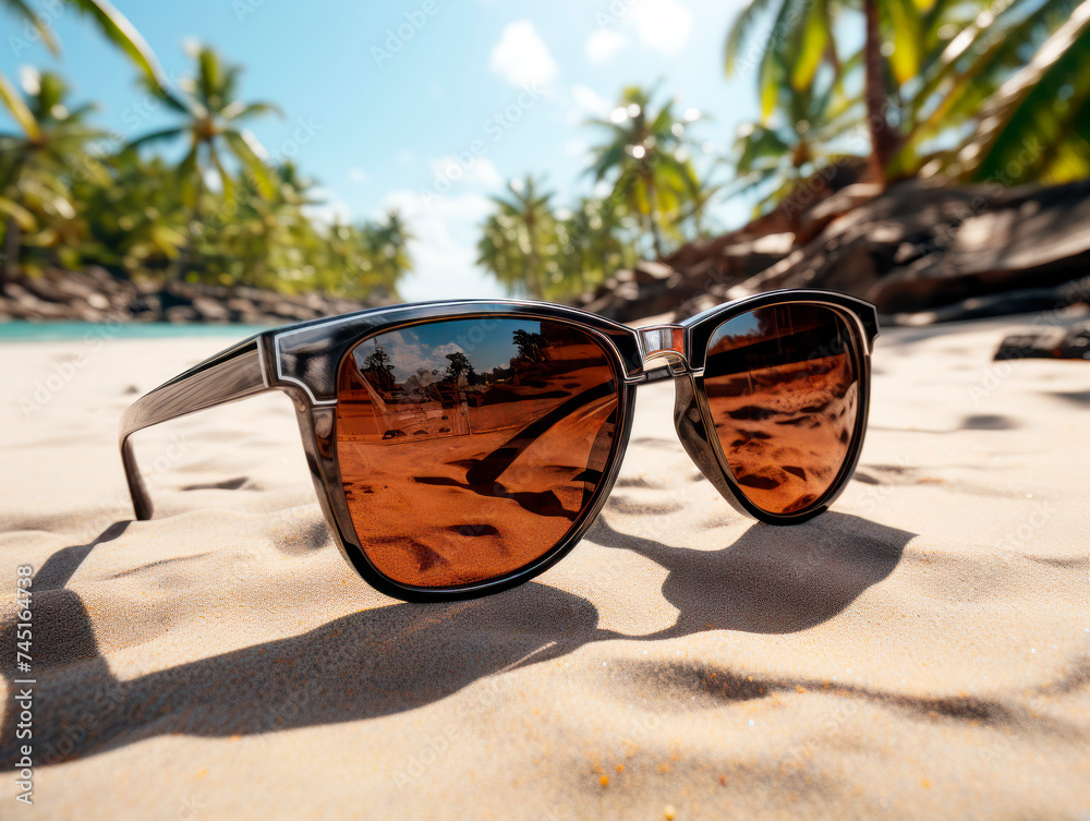 Poster closeup of sunglasses on sandy beach with reflection of palm trees in lenses. ai generative illustra