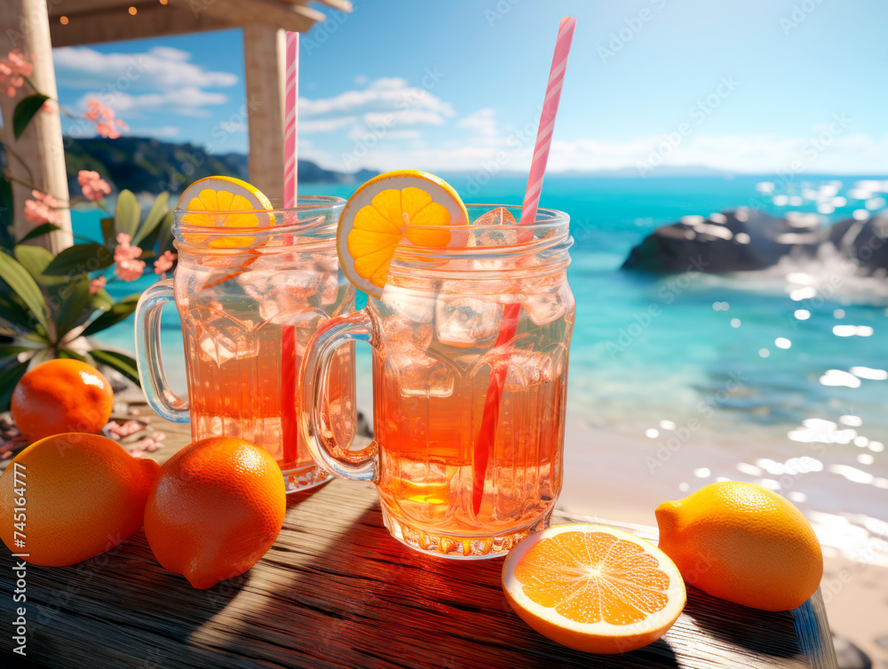 Poster two refreshing drinks with lemon slices on a beach with bright sunlight and clear blue sea in the ba
