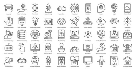 Future Technology Thin Line Icons Artificial Intelligence Iconset in Outline Style 50 Vector Icons in Black - obrazy, fototapety, plakaty
