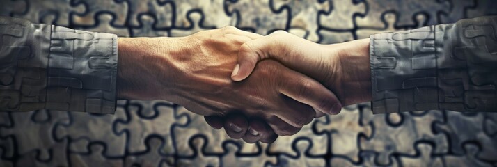 Two people shaking hands with a jigsaw puzzle pattern overlay, symbolizing problem-solving and teamwork. - obrazy, fototapety, plakaty