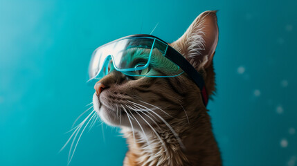 Cat Wearing Safety Glasses or Protective Goggles for Chemestry on Blue Background with Copy Space 