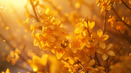 Forsythia bush exploding in vibrant yellow blooms. 