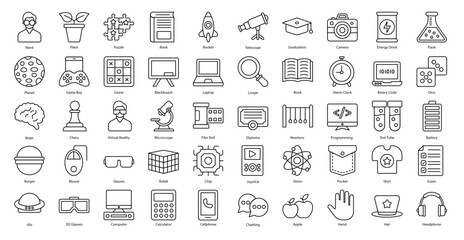 Nerd Thin Line Icons Geek Brain Iconset in Outline Style 50 Vector Icons in Black