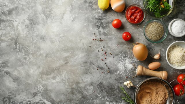 Various fresh ingredients for cooking on a dark background, top view. Space for text.