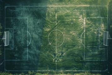 Aerial view of a soccer field with white line markings on green grass, textured background with copy space.
