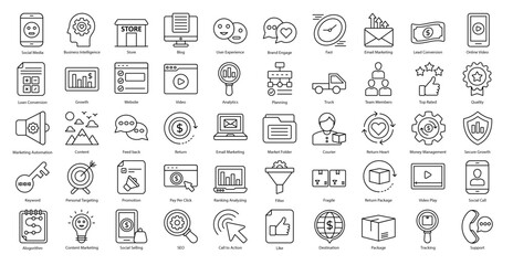 Obraz na płótnie Canvas Inbound Marketing Thin Line Icons User Experience Iconset in Outline Style 50 Vector Icons in Black
