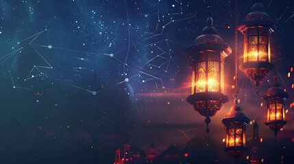 Obraz premium Beautiful bright background on the theme of the Muslim, Arabic holiday of Ramadan with its attributes. AI Generated