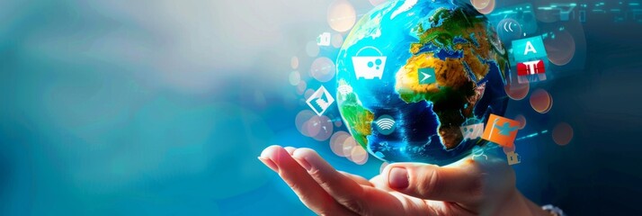 Digital composite image of a hand holding a glowing Earth with app icons orbiting, symbolizing global connectivity and technology.