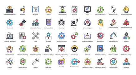 Fototapeta na wymiar Mechanical Colored Outline Icons Blueprint Engineer Industrial Iconset 50 Vector Icons