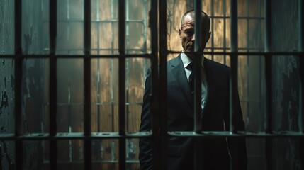 Сontemplative businessman stands behind jail bars, his sharp suit contrasting with the worn prison backdrop - obrazy, fototapety, plakaty