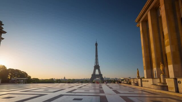 PARIS, FRANCE - FEBRUARY 20, 2024 : Timelapse motion hyperlapse view of the Eiffel Tower and Champ de Mars, famous touristic landmark.