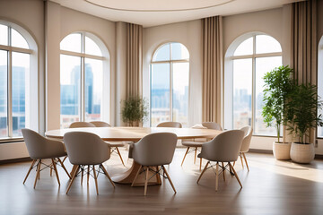 Interior of modern meeting room with panoramic window and city view. Generative AI