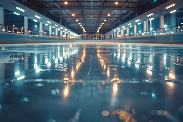 A brightly illuminated, empty ice skating rink displaying. Ai generative