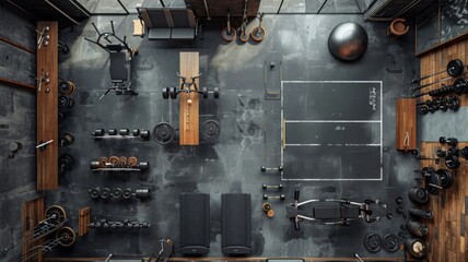 Modern gym interior with equipment and weights, top view. - obrazy, fototapety, plakaty