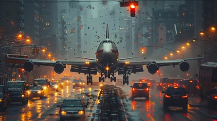 Zelfklevend Fotobehang A large plane makes a difficult emergency landing on a bustling urban street, an intense event with elements of aerobatics against the backdrop of homes and parked cars. © Dmitry