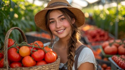 A portrait featuring a charming female farmer holding a basket of ripe tomatoes exudes happiness and contentment.