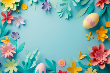 Fototapeta na wymiar Hand crafted colourful paper flowers and easter eggs, creating border around a light blue background, middle area left blank for copy space or logo.