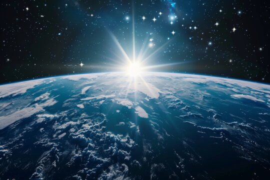 Sunrise over Earth from space showing planet's surface and starry sky, symbolizing new beginnings and global concepts.