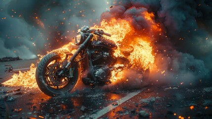 A city road transforms into a scene of havoc following a motorbike crash that ignites a fire on the street. The mangled vehicle and dark scene reveal the aftermath of the event.