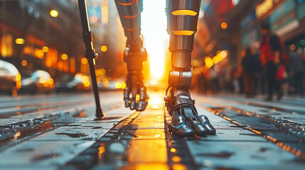 Robotic legs with a bionic mechanism walk along a city street. An unusual titanium shape with fingers and a powerful shin. Foreground - obrazy, fototapety, plakaty