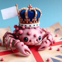 cute crayfish Cancer king in a royal crown, on the background of the British English flag, multiplane, with a white flag for the text