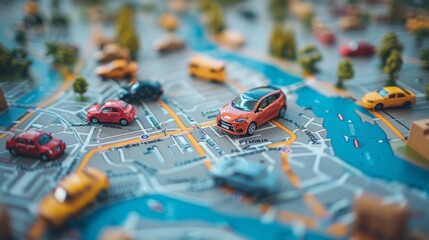 Red toy car positioned on a colorful, detailed city map, representing navigation or travel planning.