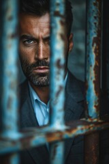 Focused eyes of a suit-clad prisoner exude a silent power, challenging the barrier of his confinement