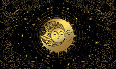 Golden sun and moon with round orbits, black mystical night sky with clouds and stars, mystical astrological background, heavenly tarot print for witch. Zodiac vector illustration, horoscope. © Salomi art