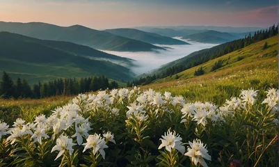 Foto auf Acrylglas Blooming white flowers in Carpathians. Foggy summer scene of mountain valley. Colorful morning view of Borzhava ridge, Transcarpathians, Ukraine, Europe. Beauty of nature concept background © designfashion