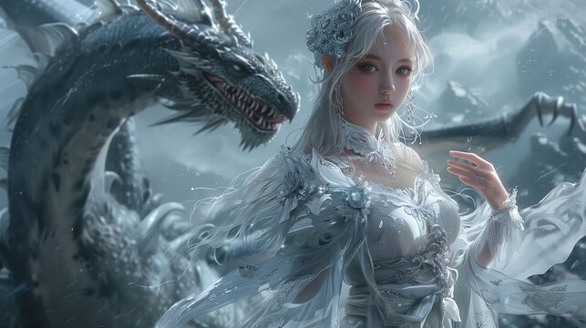 White Goddess with Dragon Fantasy Digital Artwork Concept Art image HD Print ar16:9. Neo Modern Art V3 16