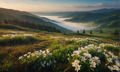 Blooming white flowers in Carpathians. Foggy summer scene of mountain valley. Colorful morning view of Borzhava ridge, Transcarpathians, Ukraine, Europe. Beauty of nature concept background - obrazy, fototapety, plakaty