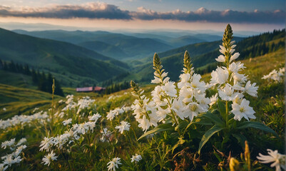 Blooming white flowers in Carpathians. Foggy summer scene of mountain valley. Colorful morning view of Borzhava ridge, Transcarpathians, Ukraine, Europe. Beauty of nature concept background - obrazy, fototapety, plakaty