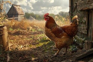 Fototapeta premium Free-Range Brown Chicken Enjoying the Countryside