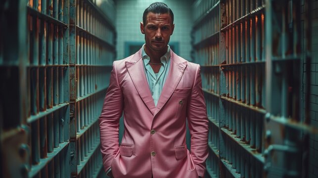 Confident man in a pink suit standing assertively in a dimly lit prison corridor, jux