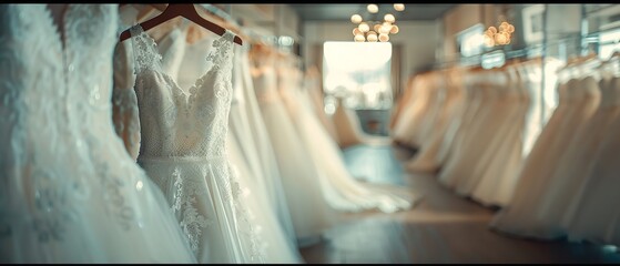 In-depth of ivory bridal gowns placing over a hanger at a bridal boutique goods space and space, Generative AI.