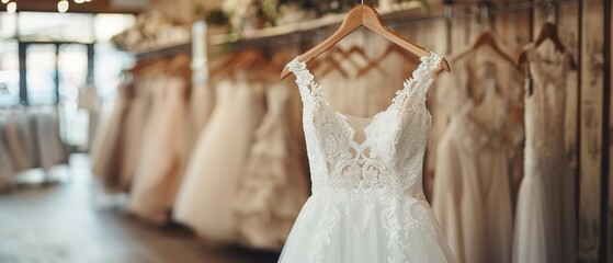 In-depth of ivory bridal gowns placing over a hanger at a bridal boutique goods space and space, Generative AI.
