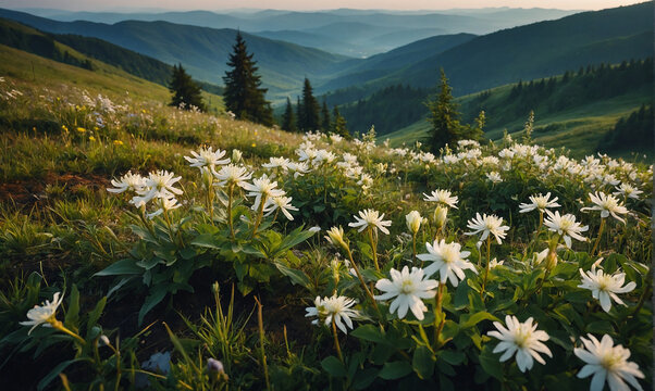 Blooming white flowers in Carpathians. Foggy summer scene of mountain valley. Colorful morning view of Borzhava ridge, Transcarpathians, Ukraine, Europe. Beauty of nature concept background