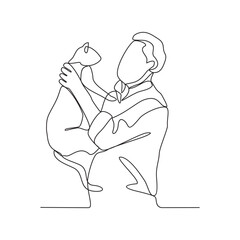 One continuous line drawing of someone is playing with their pet by hugging and carrying it as vector illustration. Playing with pets activity illustration in simple linear style vector concept.